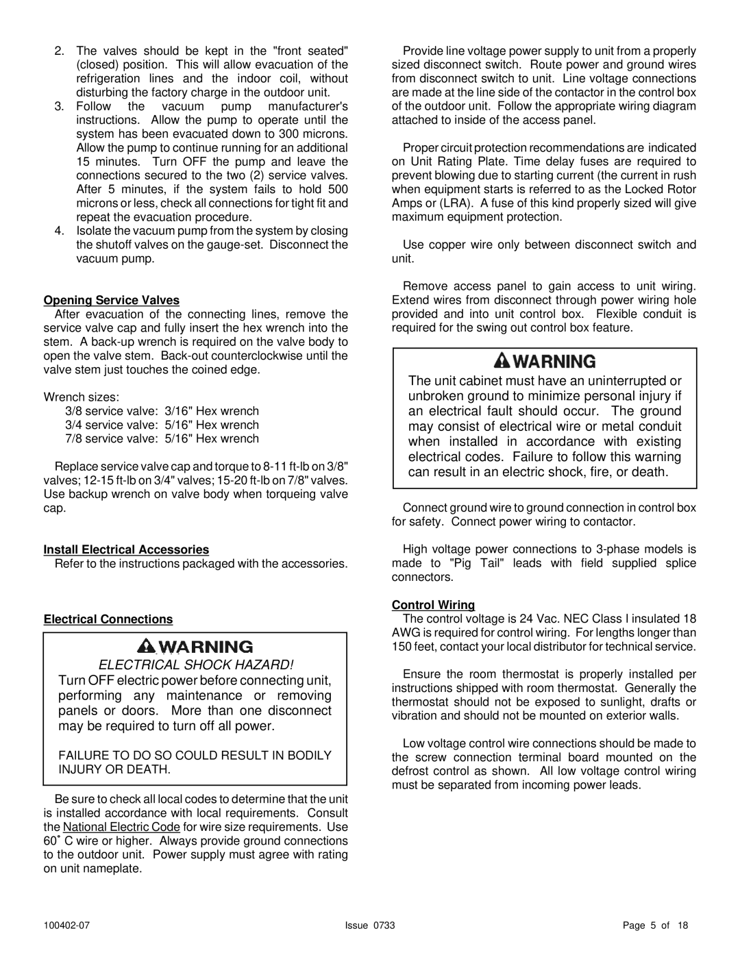 Ducane (HVAC) 2HP13 warranty Opening Service Valves, Install Electrical Accessories, Electrical Connections, Control Wiring 