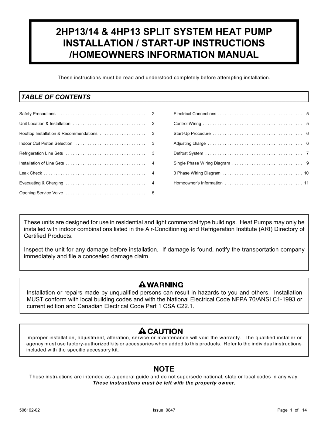 Ducane (HVAC) 2HP13/14 warranty Table of Contents 