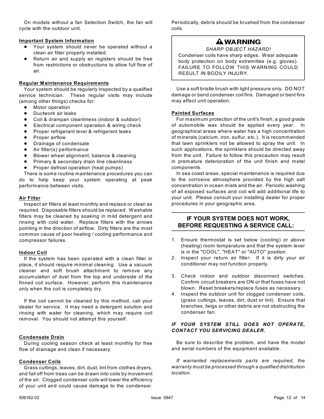 Ducane (HVAC) 2HP13/14 warranty Important System Information, Regular Maintenance Requirements, Air Filter, Indoor Coil 