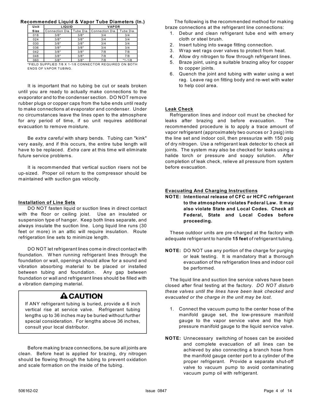 Ducane (HVAC) 2HP13/14 warranty Recommended Liquid & Vapor Tube Diameters, Installation of Line Sets, Leak Check 