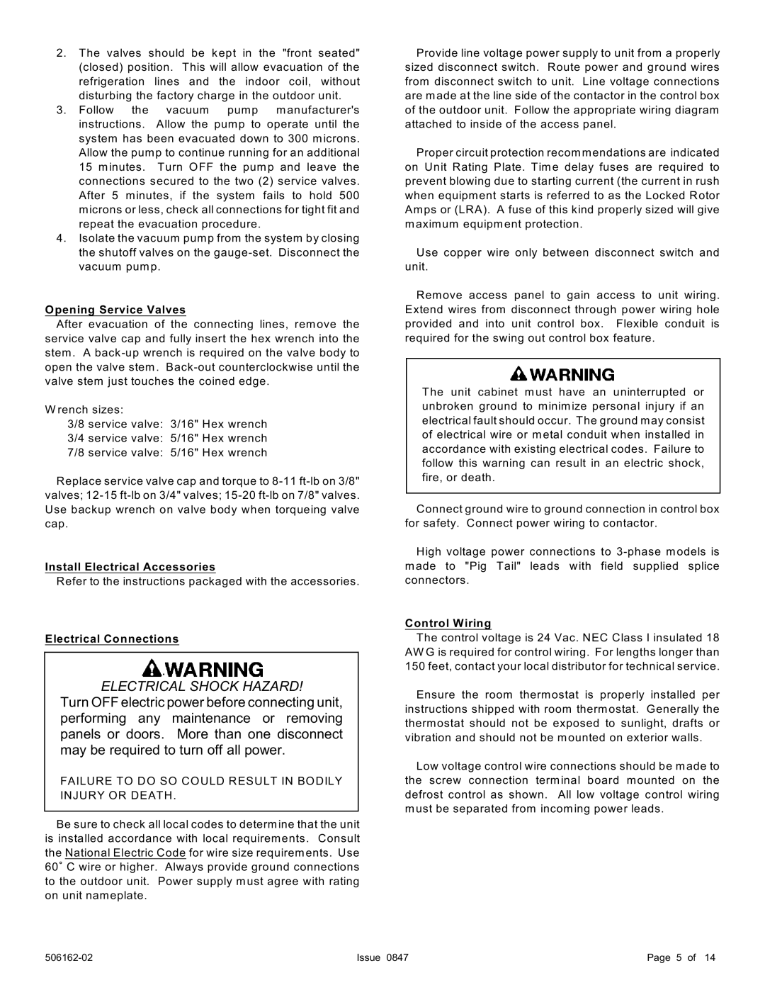 Ducane (HVAC) 2HP13/14 Opening Service Valves, Install Electrical Accessories, Electrical Connections, Control Wiring 