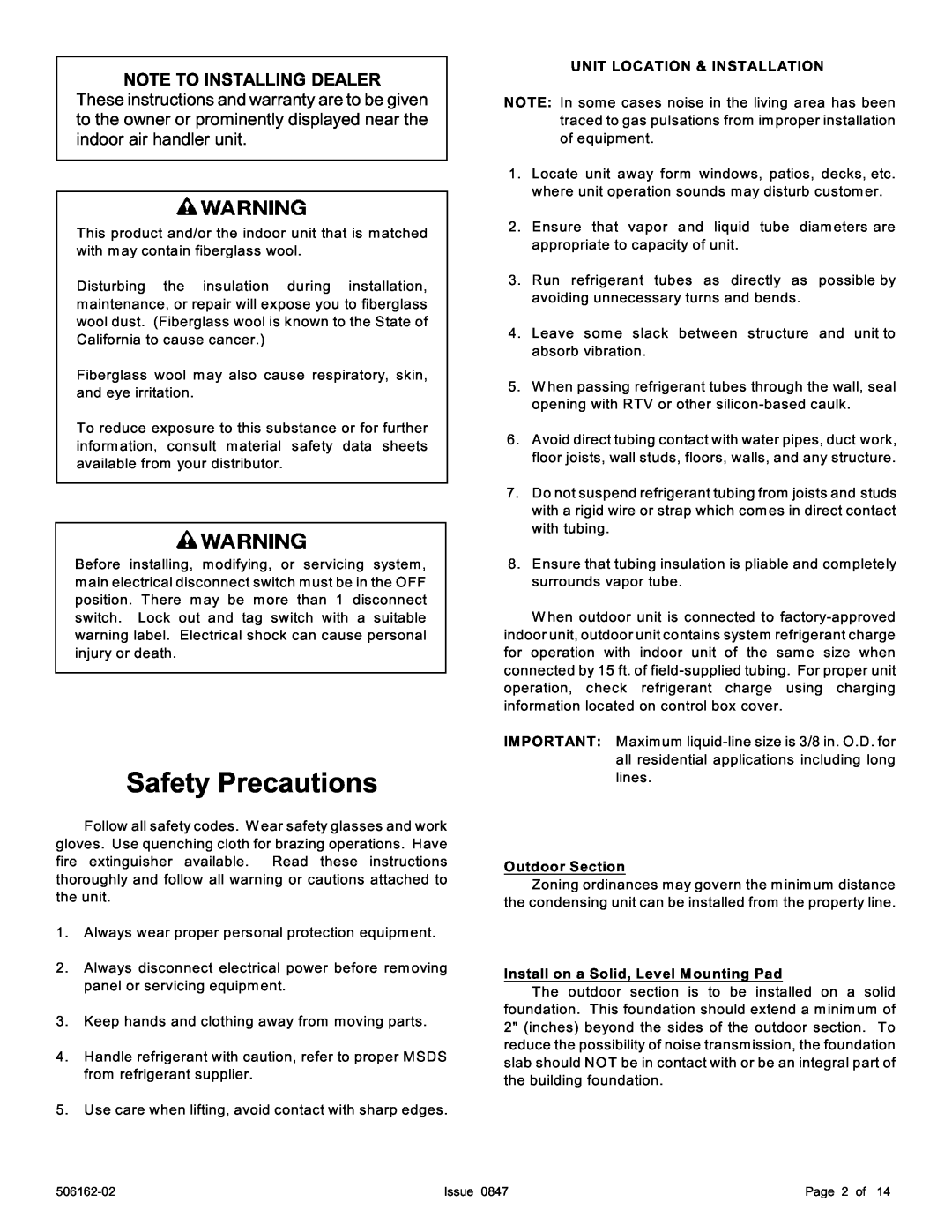 Ducane (HVAC) 2HP13/14 Safety Precautions, Note To Installing Dealer, These instructions and warranty are to be given 