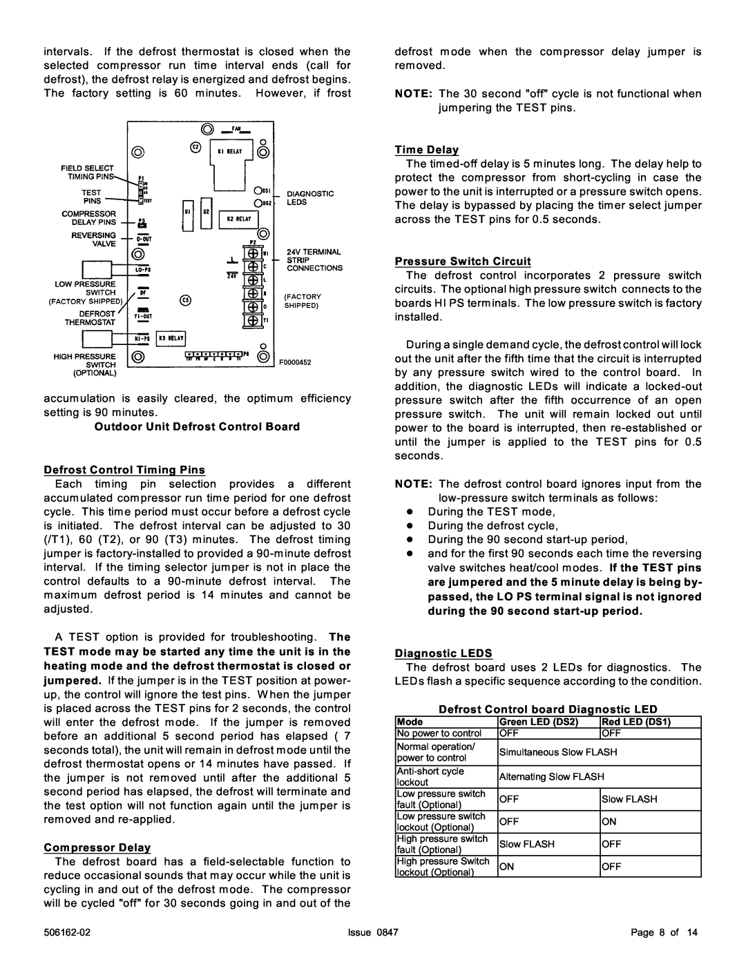 Ducane (HVAC) 2HP13/14 Outdoor Unit Defrost Control Board, Defrost Control Timing Pins, Compressor Delay, Time Delay 
