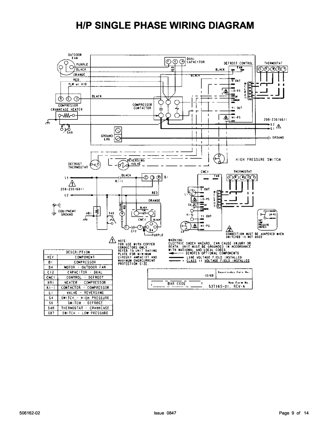 Ducane (HVAC) 2HP13/14 warranty H/P Single Phase Wiring Diagram, Issue, Page 9 of, 506162-02 
