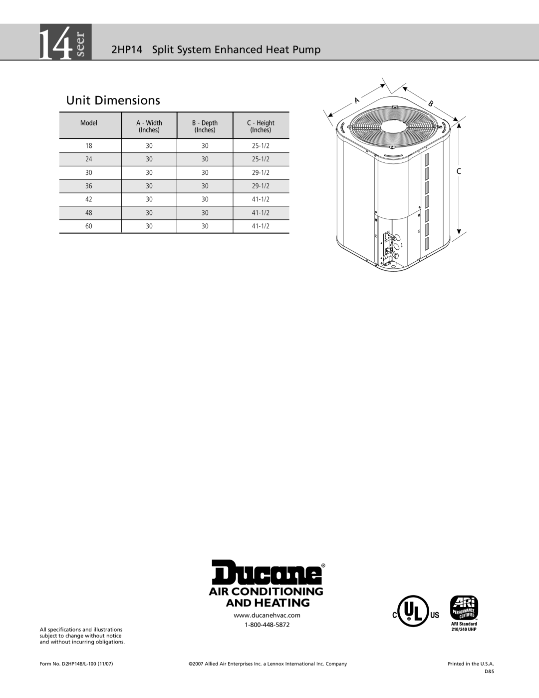 Ducane (HVAC) 2HP14 warranty Unit Dimensions, 25-1/2 29-1/2 41-1/2 