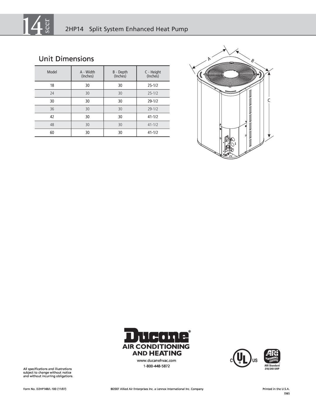 Ducane (HVAC) 2HP14 warranty Unit Dimensions, seer 