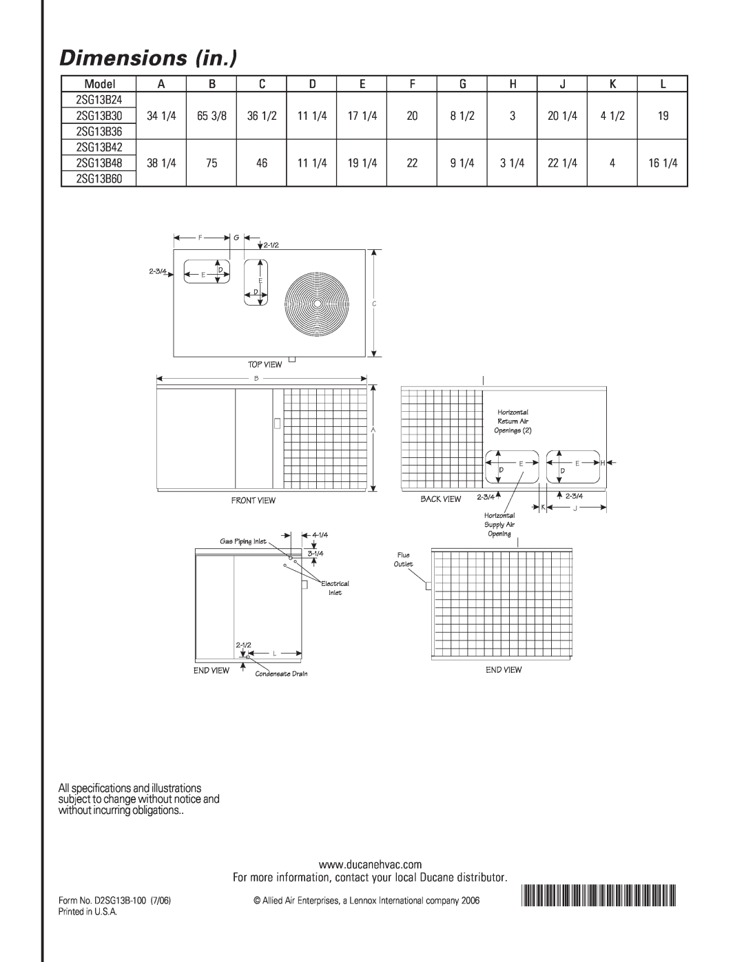 Ducane (HVAC) 2SG13B warranty Dimensions in, D2SG13-100-7-06 