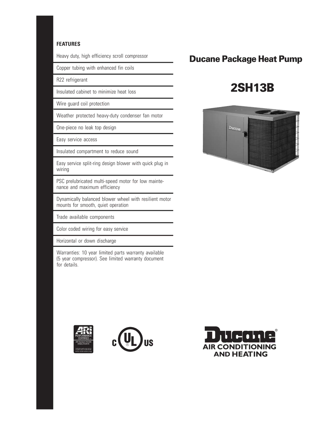 Ducane (HVAC) 2SH13B warranty 