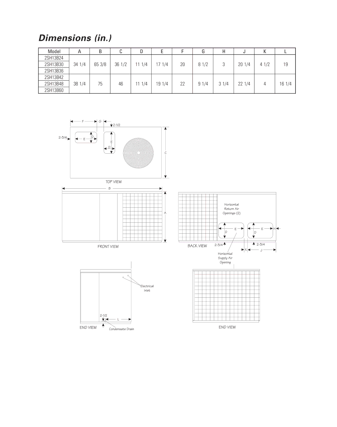 Ducane (HVAC) 2SH13B warranty Dimensions, 65 3/8 36 1/2 11 1/4, 20 1/4, 22 1/4 16 1/4 