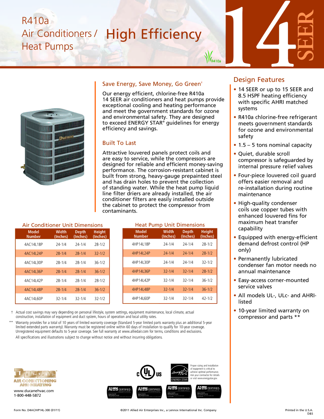 Ducane (HVAC) 4HP14L, 4AC14L manual Save Energy, Save Money, Go Green†, Built To Last 