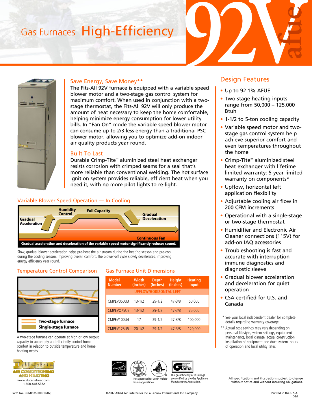 Ducane (HVAC) CMPEV050U3 manual Save Energy, Save Money, Built To Last, Variable Blower Speed Operation In Cooling 