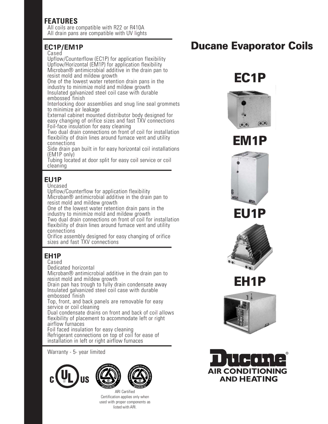 Ducane (HVAC) warranty EC1P EM1P EU1P EH1P 