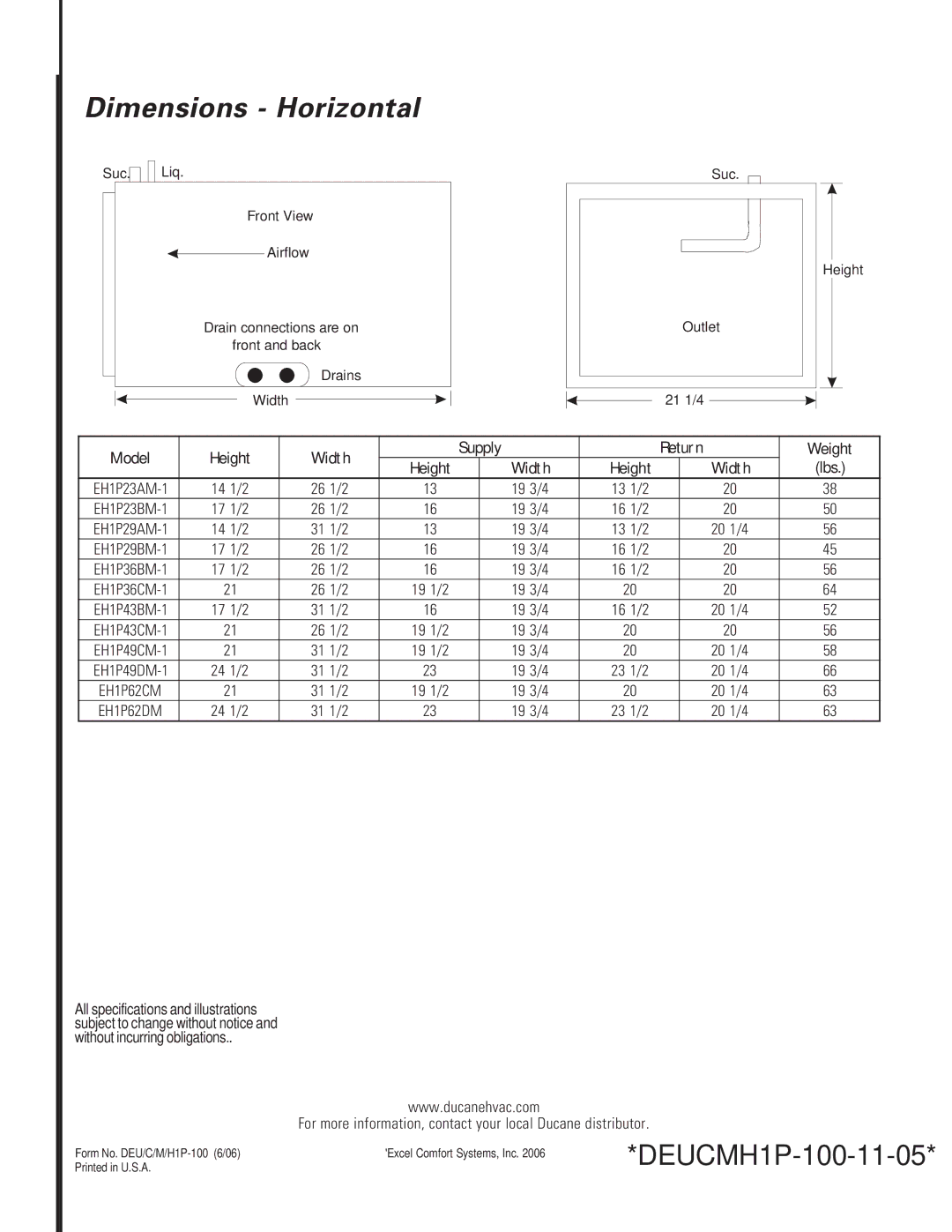 Ducane (HVAC) EC1P, EM1P, EH1P, EU1P warranty Dimensions Horizontal 