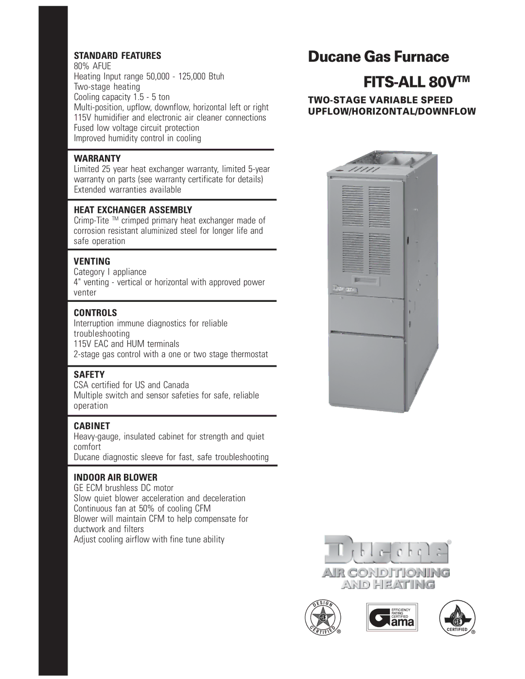 Ducane (HVAC) warranty FITS-ALL 80VTM 