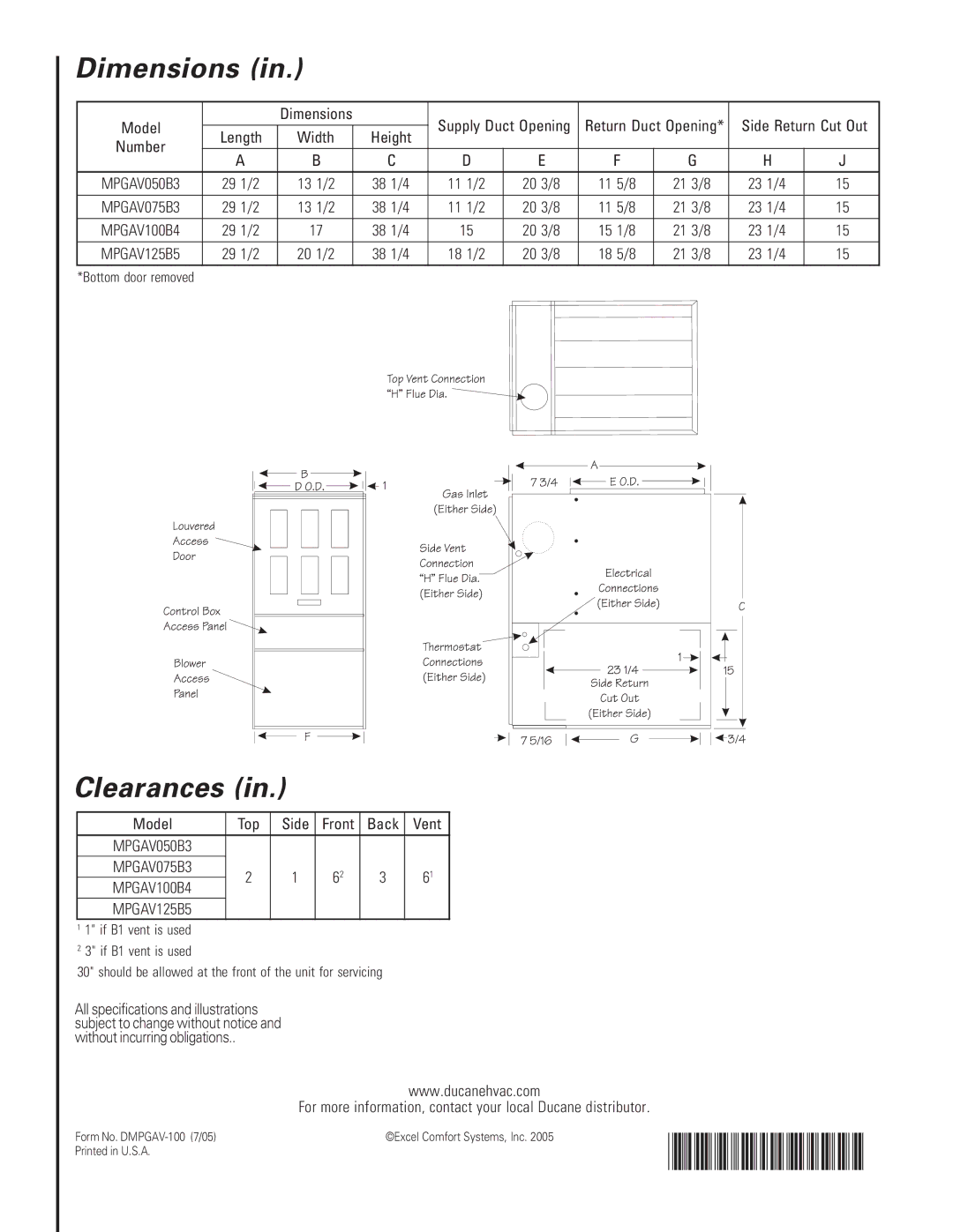 Ducane (HVAC) FITS-ALL 80V warranty Dimensions, Clearances 