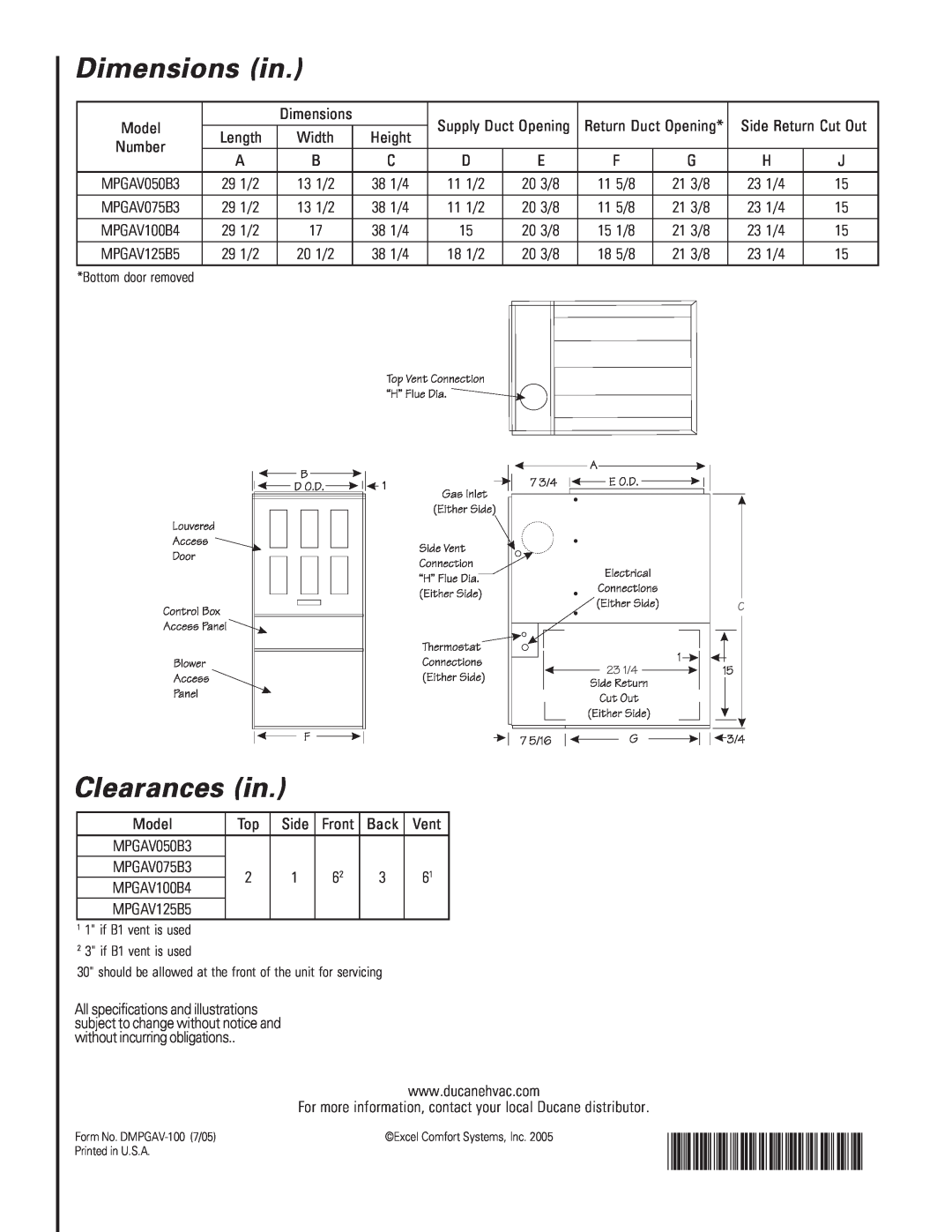 Ducane (HVAC) FITS-ALL 80V warranty Dimensions in, Clearances in, DMPGAV-100 