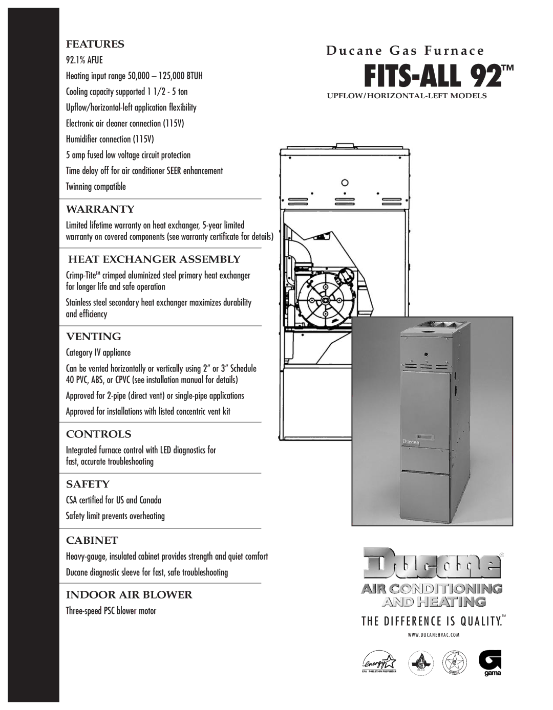 Ducane (HVAC) FITS-ALL 92 warranty Fits-All 