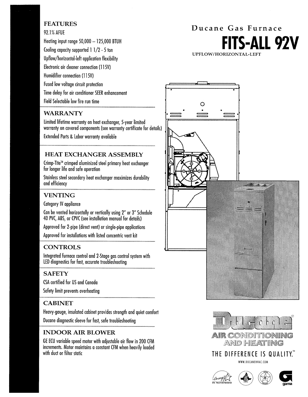 Ducane (HVAC) FITS-ALL 92V manual 