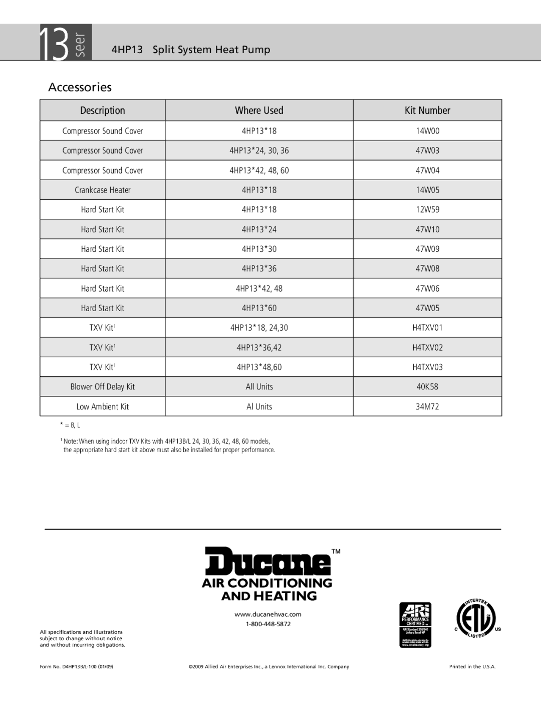 Ducane (HVAC) L, 4hp13, B warranty Accessories 