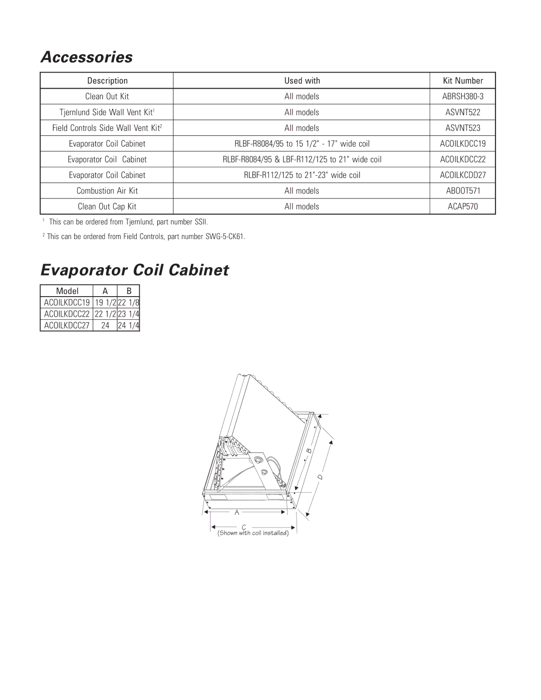 Ducane (HVAC) RLBF/R80C warranty Accessories, Evaporator Coil Cabinet, Description Used with Kit Number, Model 