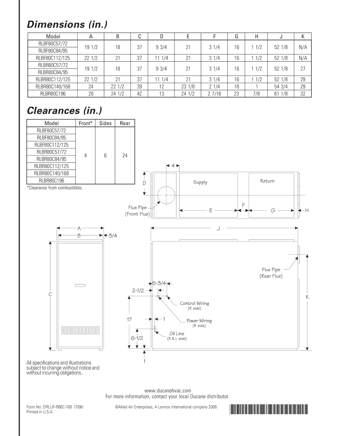 Ducane (HVAC) RLBF/R80C warranty Dimensions, Clearances, Model Front Sides Rear, Clearance from combustibles 