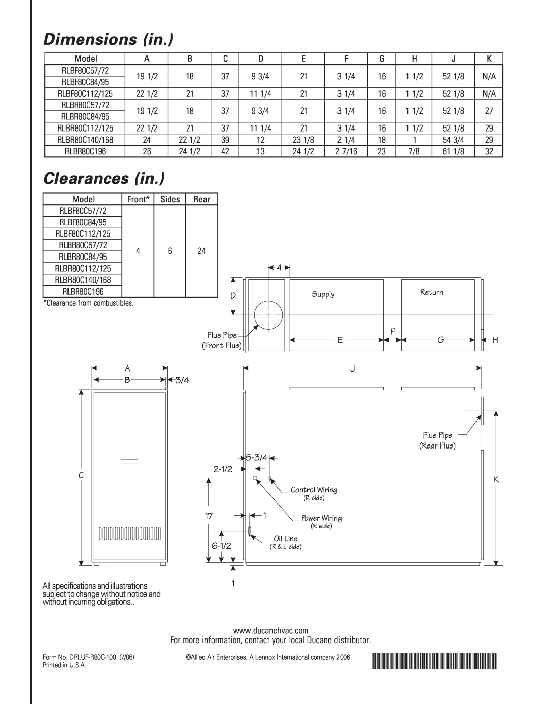 Ducane (HVAC) RLBF/R80C warranty Dimensions in, Clearances in, DRLUF80C-100-7-06 