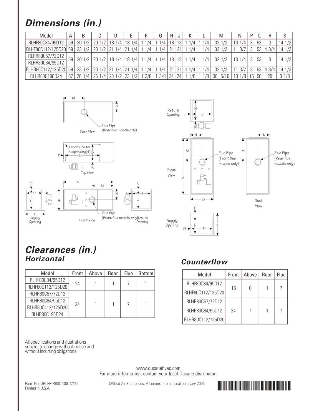 Ducane (HVAC) RLHF-R80C warranty Dimensions, Clearances, Model Front Above Rear Flue Bottom 