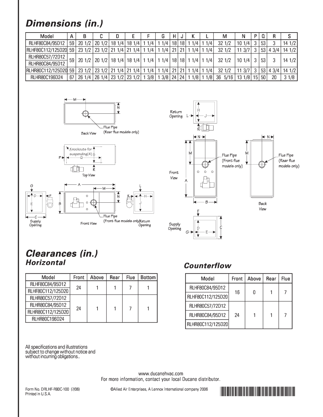 Ducane (HVAC) RLHF-R80C warranty Dimensions in, Clearances in, Horizontal, Counterflow, DRLUF80C-100-7-06 