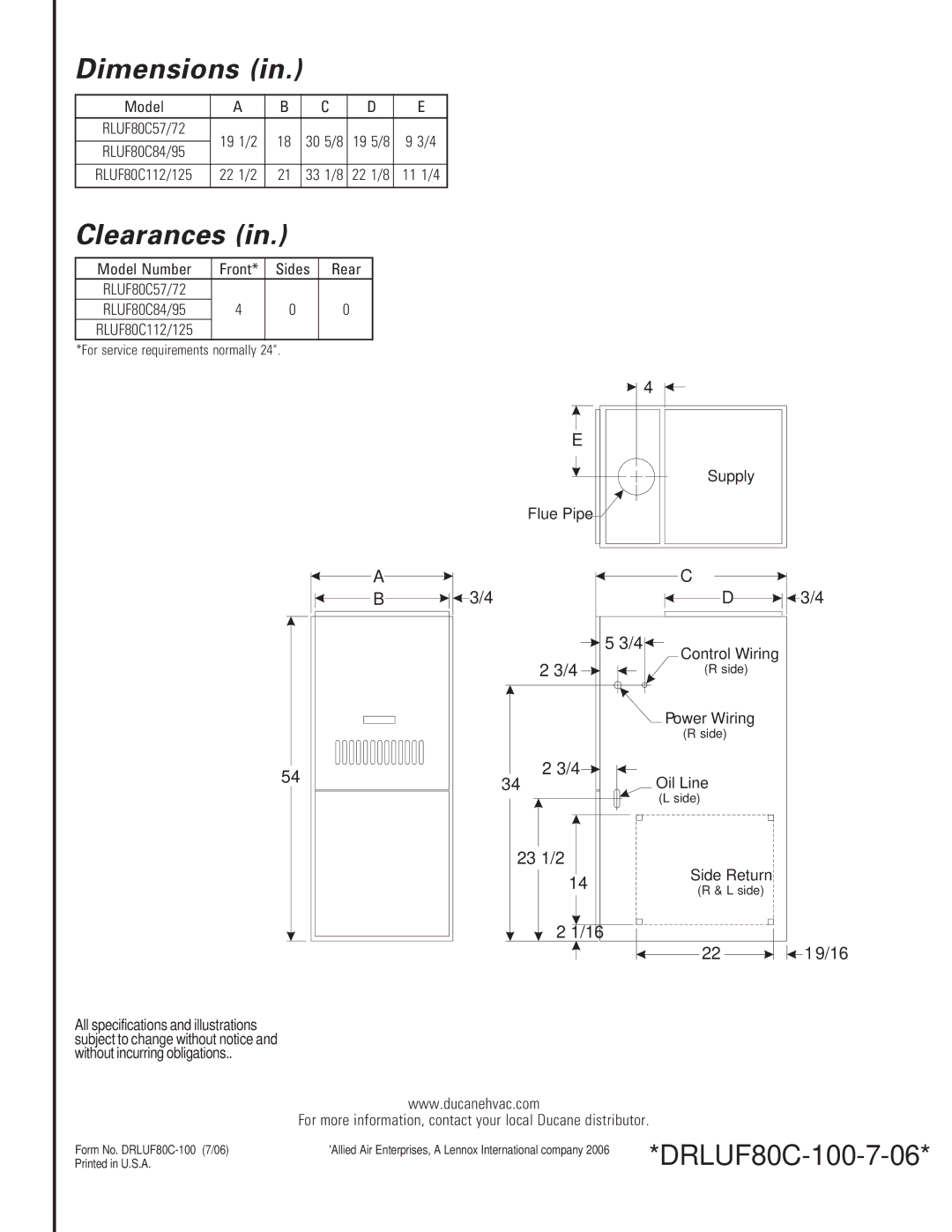 Ducane (HVAC) RLUF80C warranty Dimensions, Clearances, 23 1/2, 22 19/16 