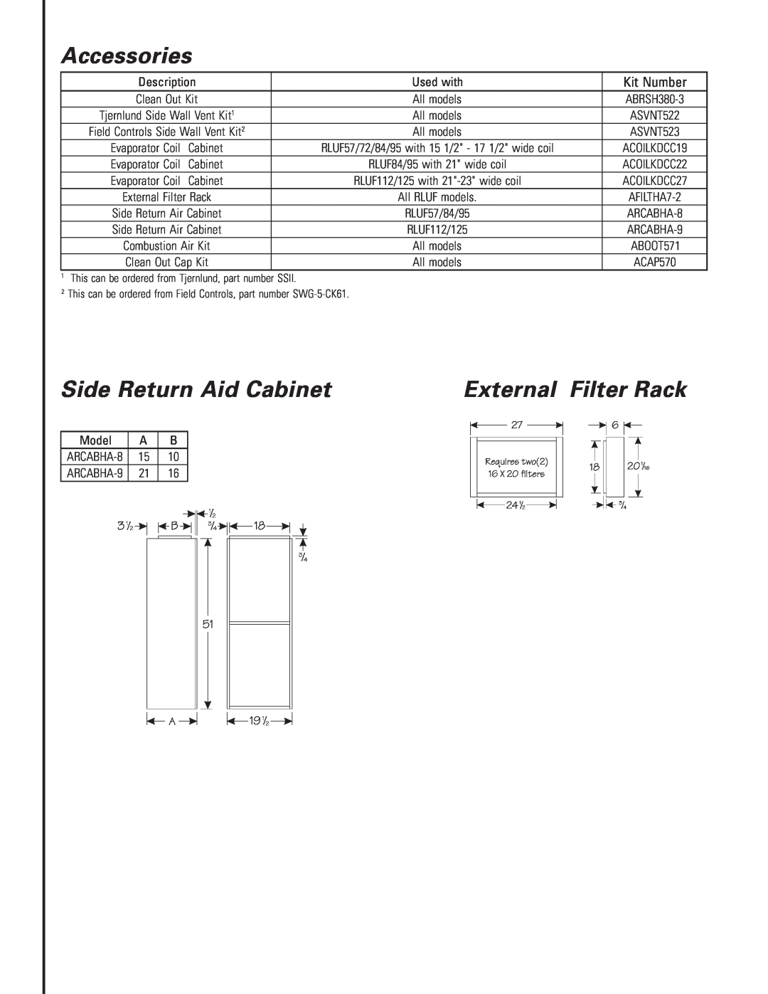 Ducane (HVAC) RLUF80C warranty Accessories, Side Return Aid Cabinet, External Filter Rack, Kit Number 