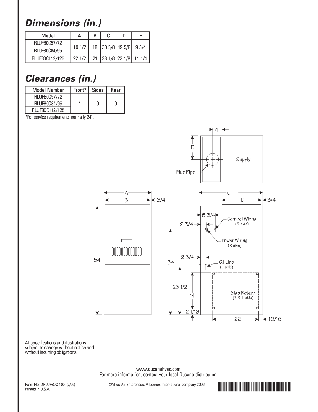 Ducane (HVAC) warranty Dimensions in, Clearances in, DRLUF80C-100-7-06 