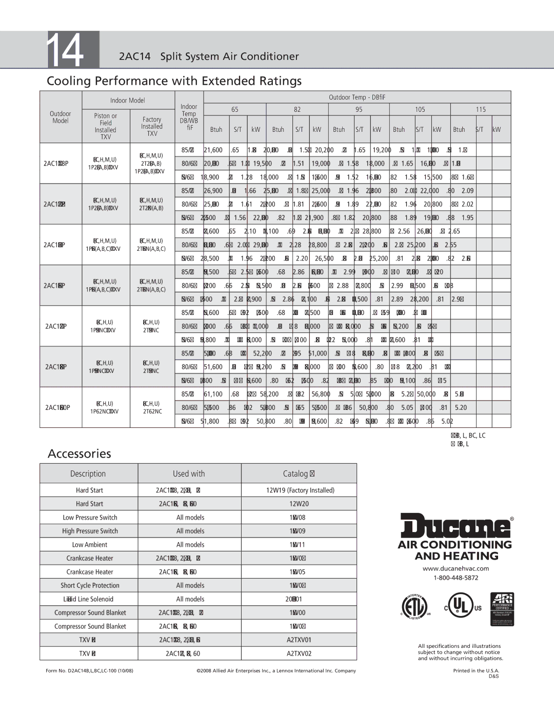 Ducane LC, 2AC14, BC Cooling Performance with Extended Ratings, Accessories, 105 115 Outdoor, Temp Model, Db/Wb 