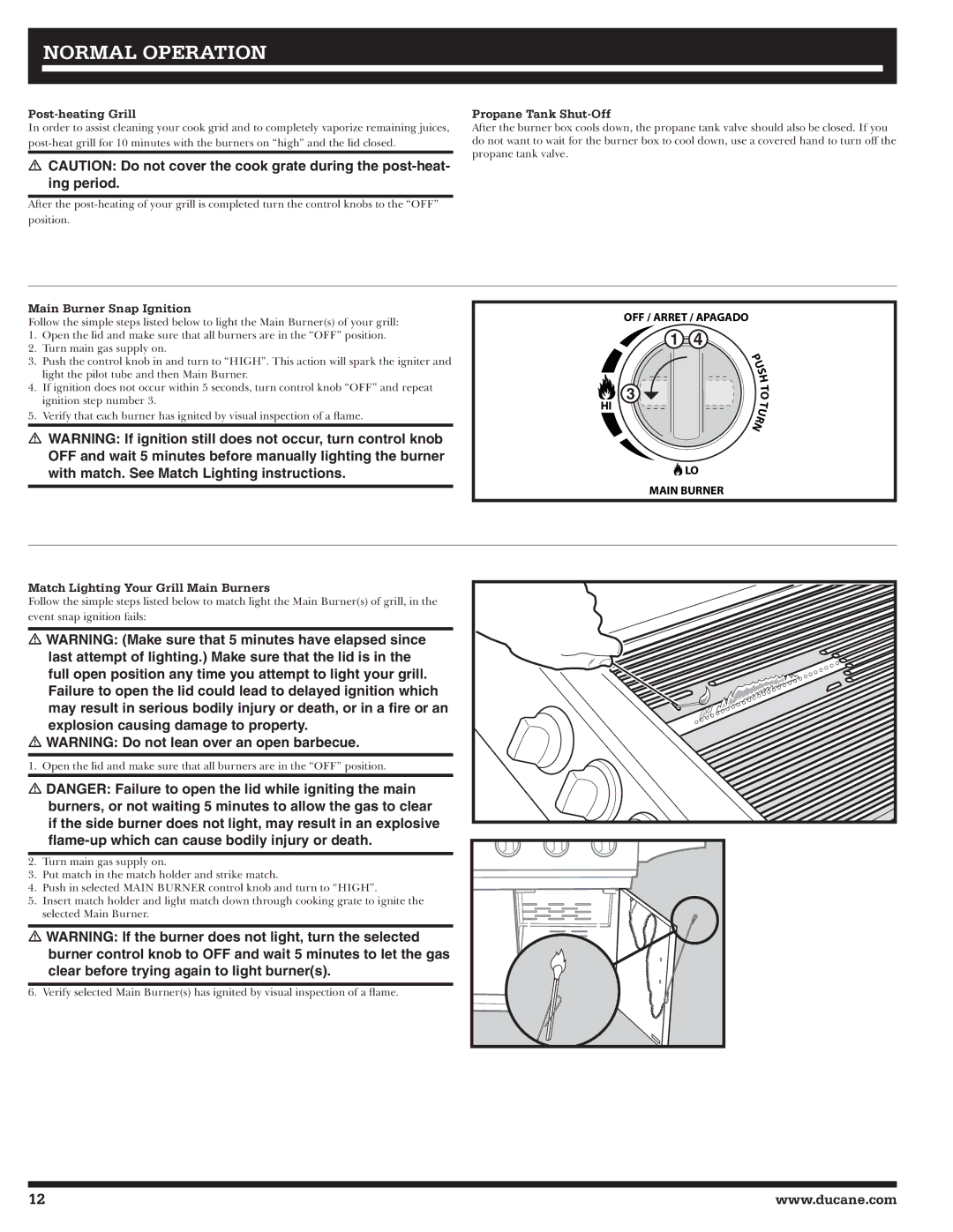 Ducane LP Gas Grill, 20529914 owner manual Post-heating Grill, Propane Tank Shut-Off, Main Burner Snap Ignition 