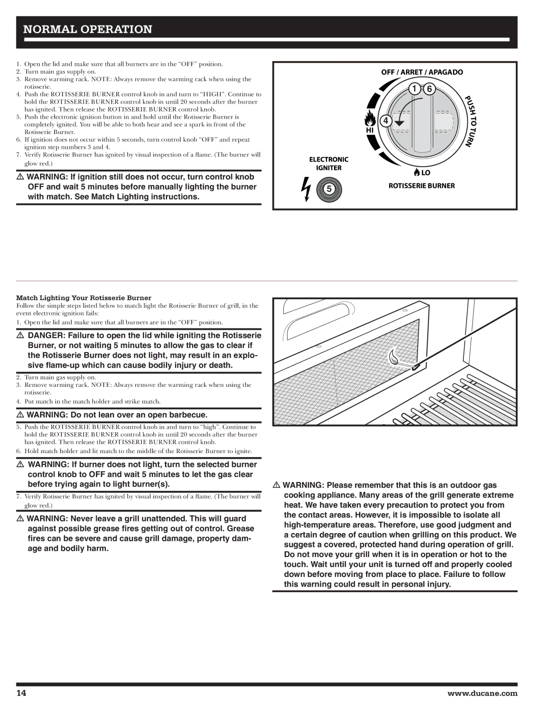 Ducane LP Gas Grill, 20529914 owner manual Match Lighting Your Rotisserie Burner 