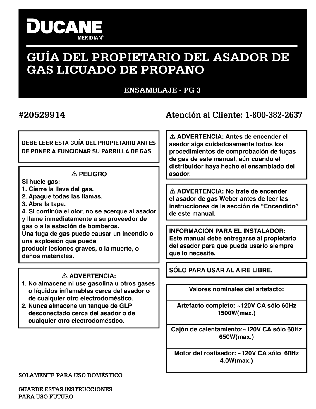 Ducane 20529914, LP Gas Grill owner manual Guía del propietario del asador de gas licuado de propano 