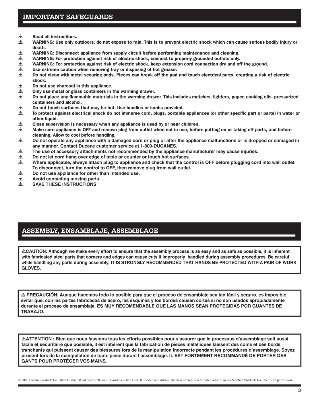 Ducane 20529914, LP Gas Grill owner manual Important Safeguards, Assembly, ENSAMBLAJE, Assemblage 