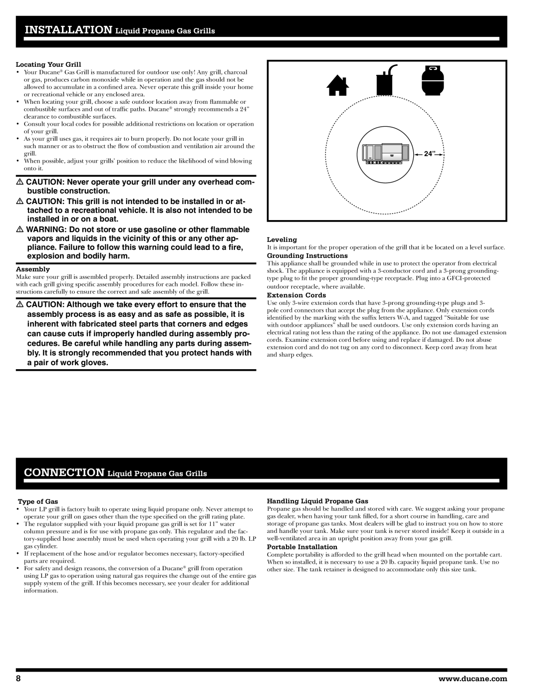Ducane LP Gas Grill Locating Your Grill, Assembly, Leveling, Grounding Instructions, Extension Cords, Type of Gas 