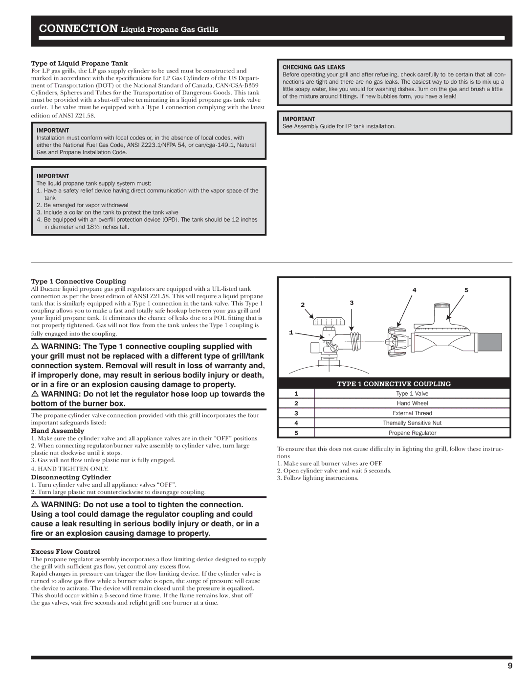 Ducane 20529914 owner manual Type of Liquid Propane Tank, Type 1 Connective Coupling, Hand Assembly, Disconnecting Cylinder 