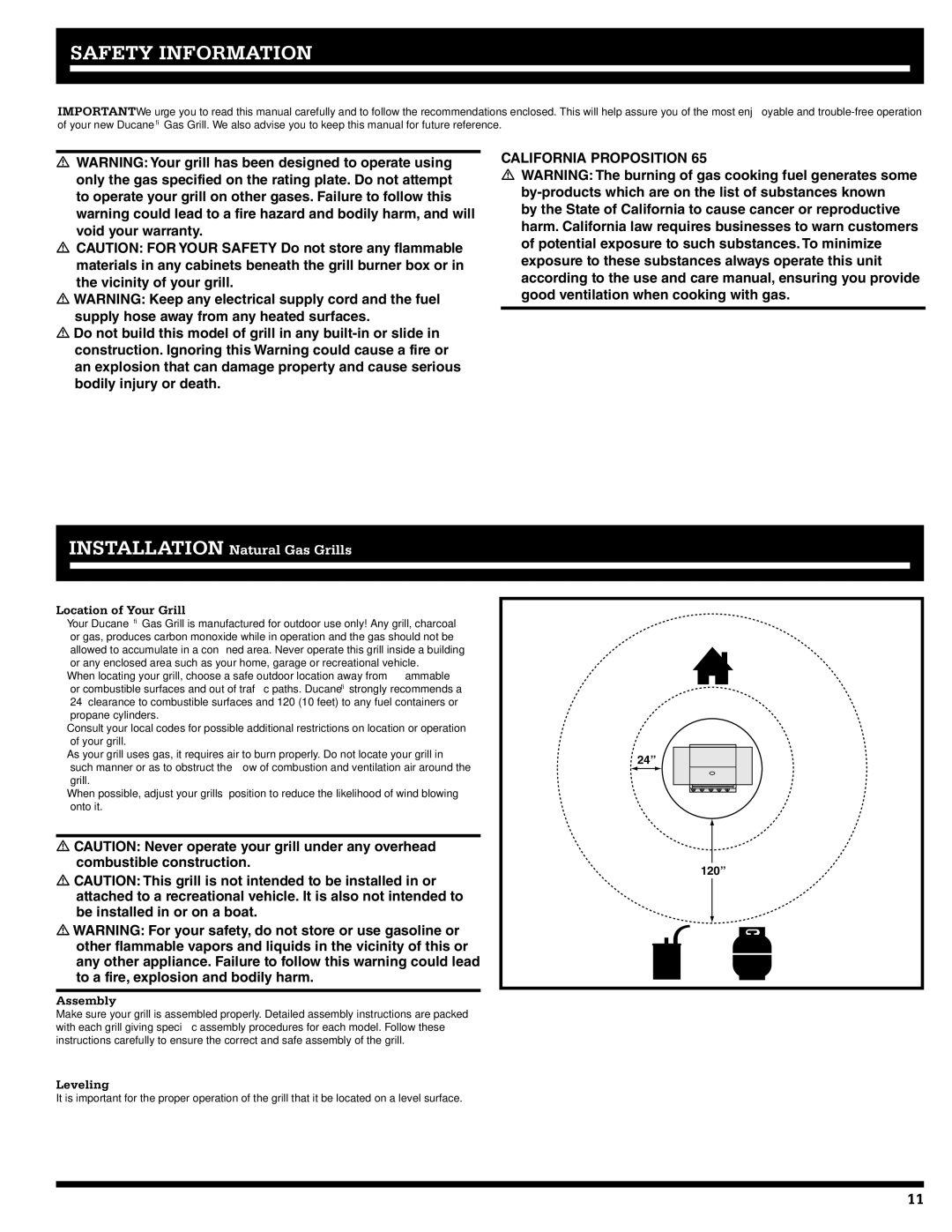 Ducane Natural Gas Grill owner manual Safety Information, Location of Your Grill, Assembly, Leveling 