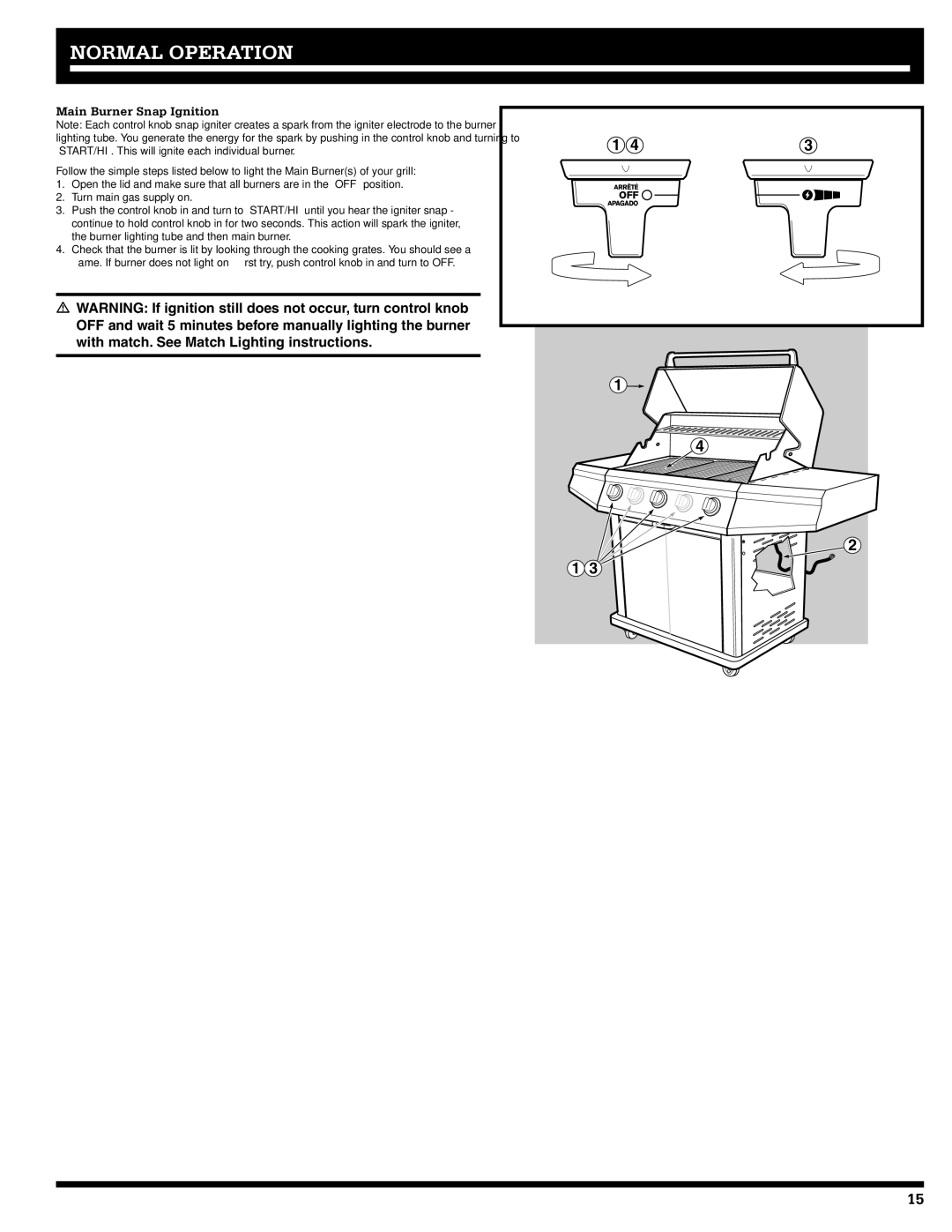 Ducane Natural Gas Grill owner manual Main Burner Snap Ignition 