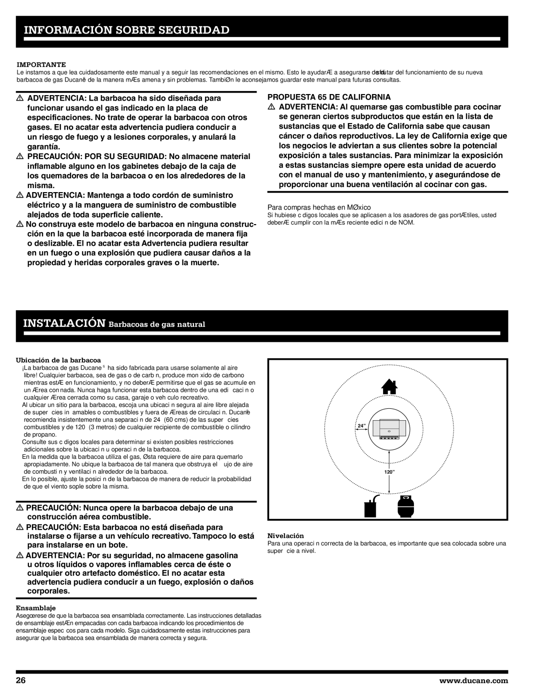 Ducane Natural Gas Grill owner manual Información Sobre Seguridad, Ubicación de la barbacoa, Ensamblaje, Nivelación 