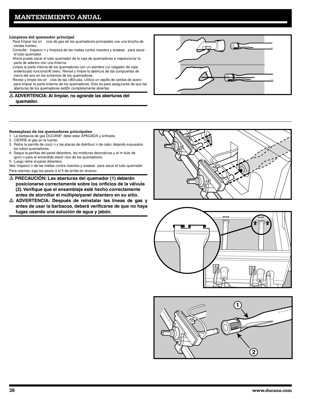 Ducane Natural Gas Grill owner manual Limpieza del quemador principal, Reemplazo de los quemadores principales 