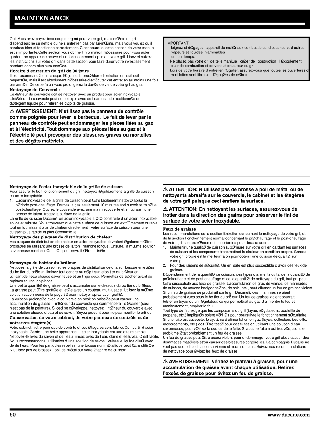 Ducane Natural Gas Grill Horaire d’entretien du gril de 90 jours, Nettoyage du Couvercle, Nettoyage du boîtier du brûleur 