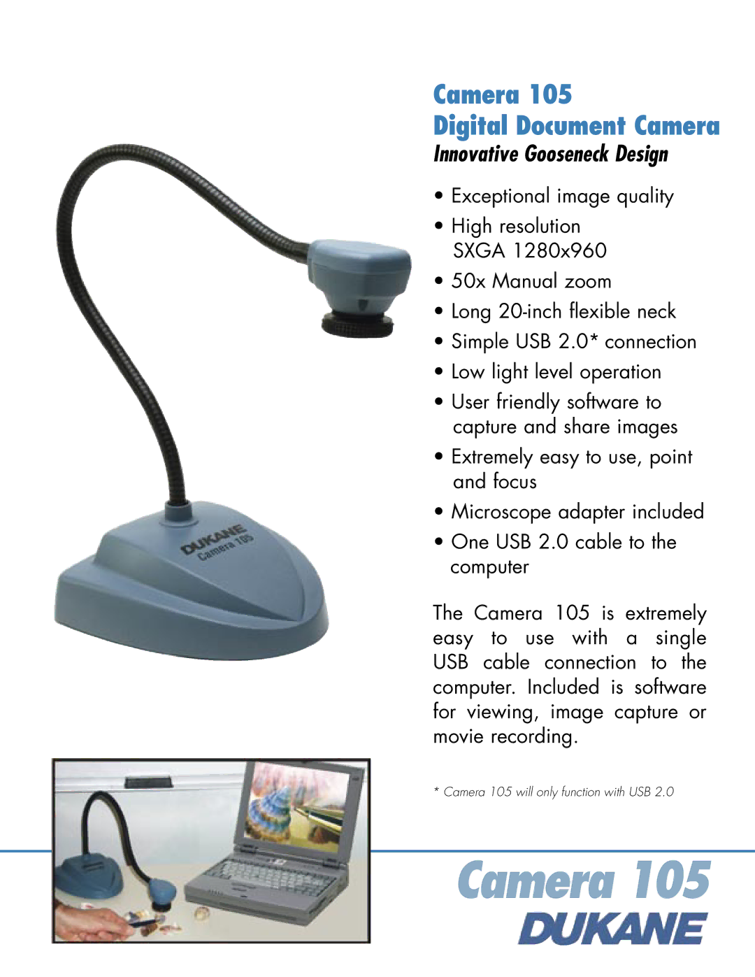 Dukane 105 manual Camera Digital Document Camera, Innovative Gooseneck Design 