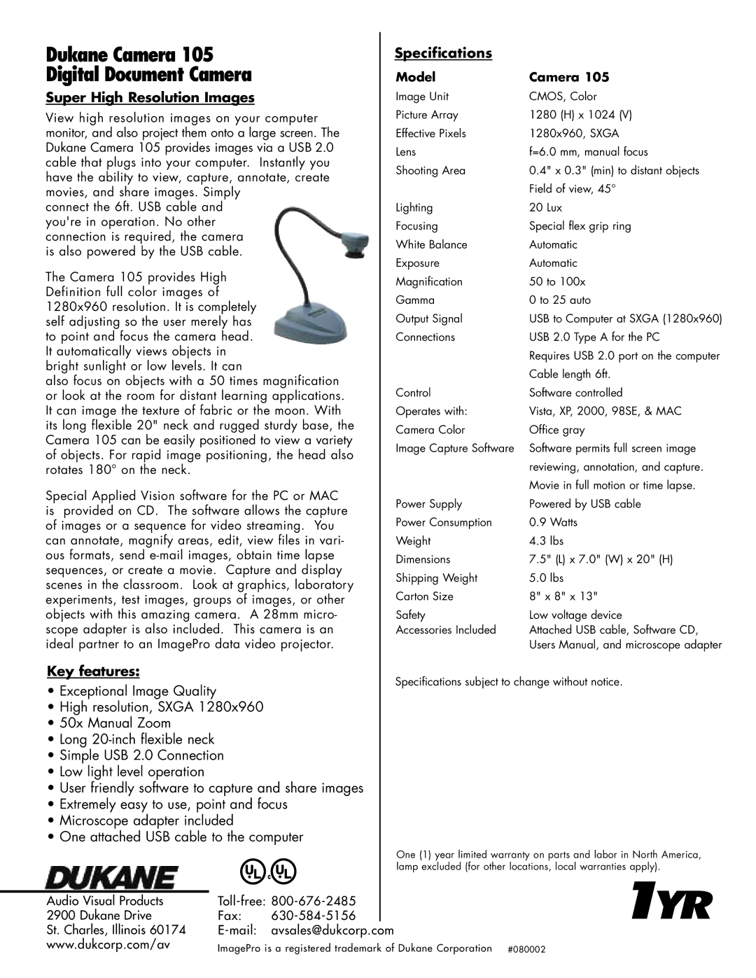 Dukane 105 manual 1YR, Dukane Camera, Digital Document Camera 