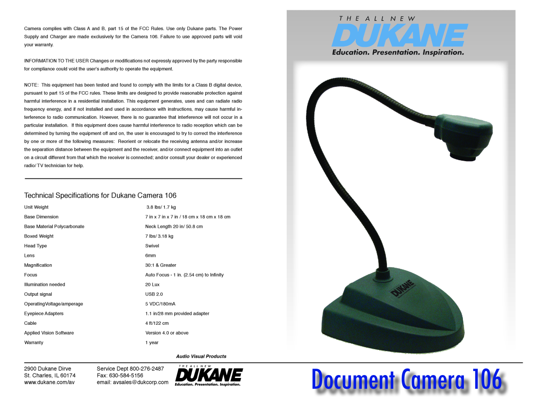 Dukane 106 warranty Document Camera, Technical Specifications for Dukane Camera, Dukane Dirve, Service Dept 