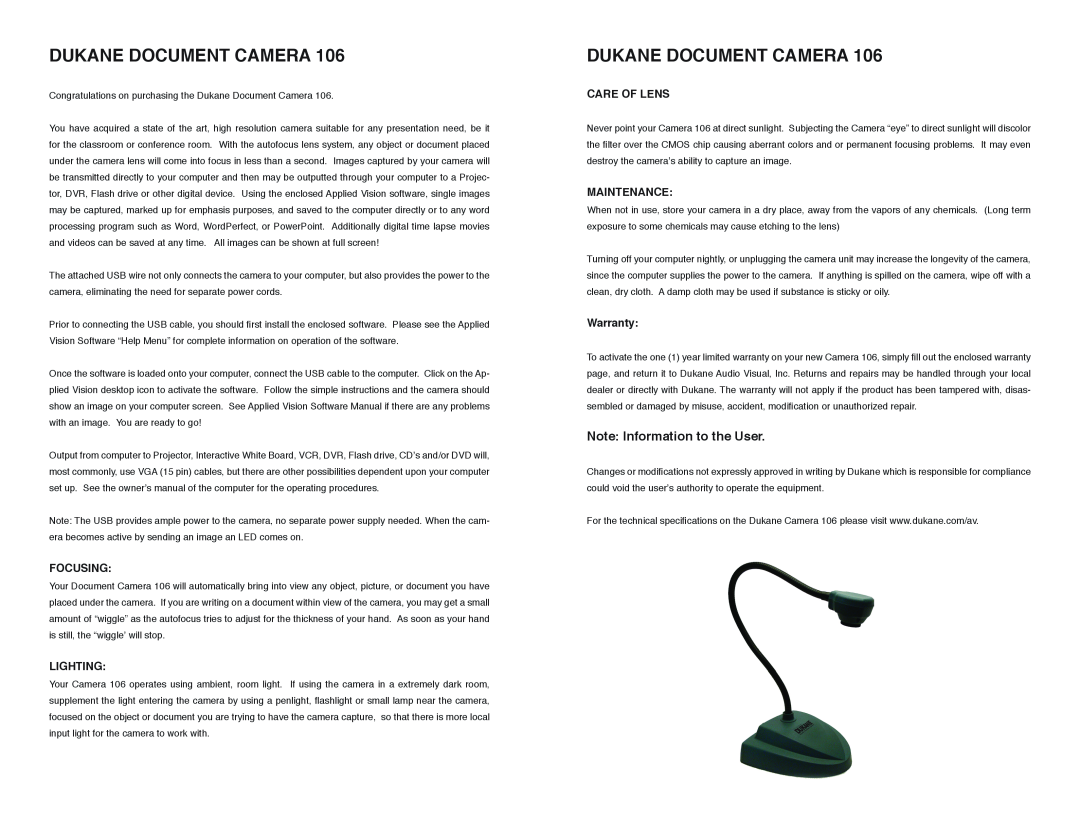 Dukane 106 Dukane Document Camera, Note Information to the User, Focusing, Lighting, Care Of Lens, Maintenance, Warranty 
