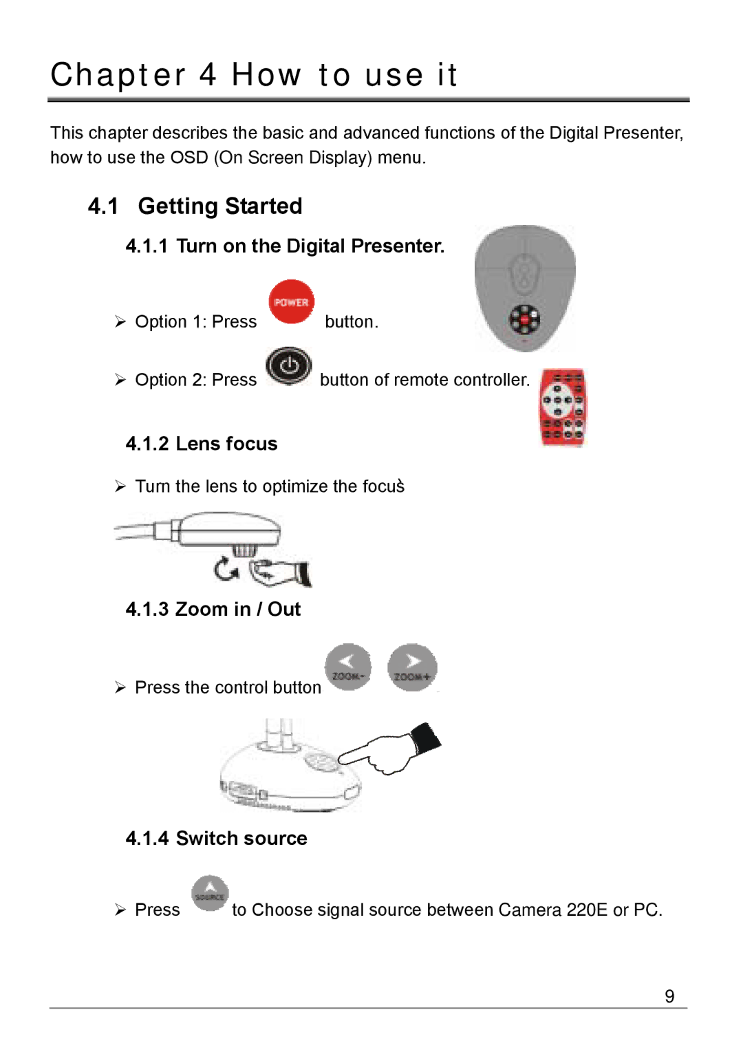 Dukane 220E manual How to use it, Turn on the Digital Presenter, Lens focus, Zoom in / Out, Switch source 