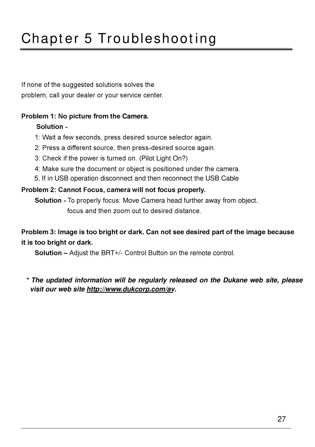 Dukane 220E manual Troubleshooting, Problem 1 No picture from the Camera Solution 