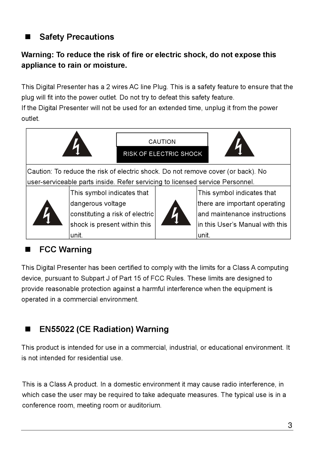 Dukane 220E manual „ Safety Precautions, „ FCC Warning, „ EN55022 CE Radiation Warning 